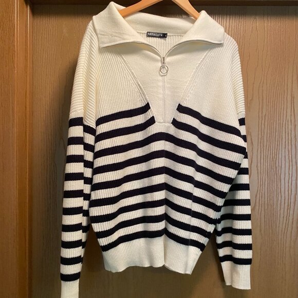 Women's Sweater Half-Zip Striped Loose Knit Jumper Natacata SZ XL - Picture 1 of 2
